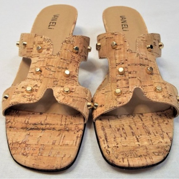 Vaneli Women’s Cork Slide Sandal Size 9N Tan Slip-on with Gold Hardware Casual - Picture 1 of 10